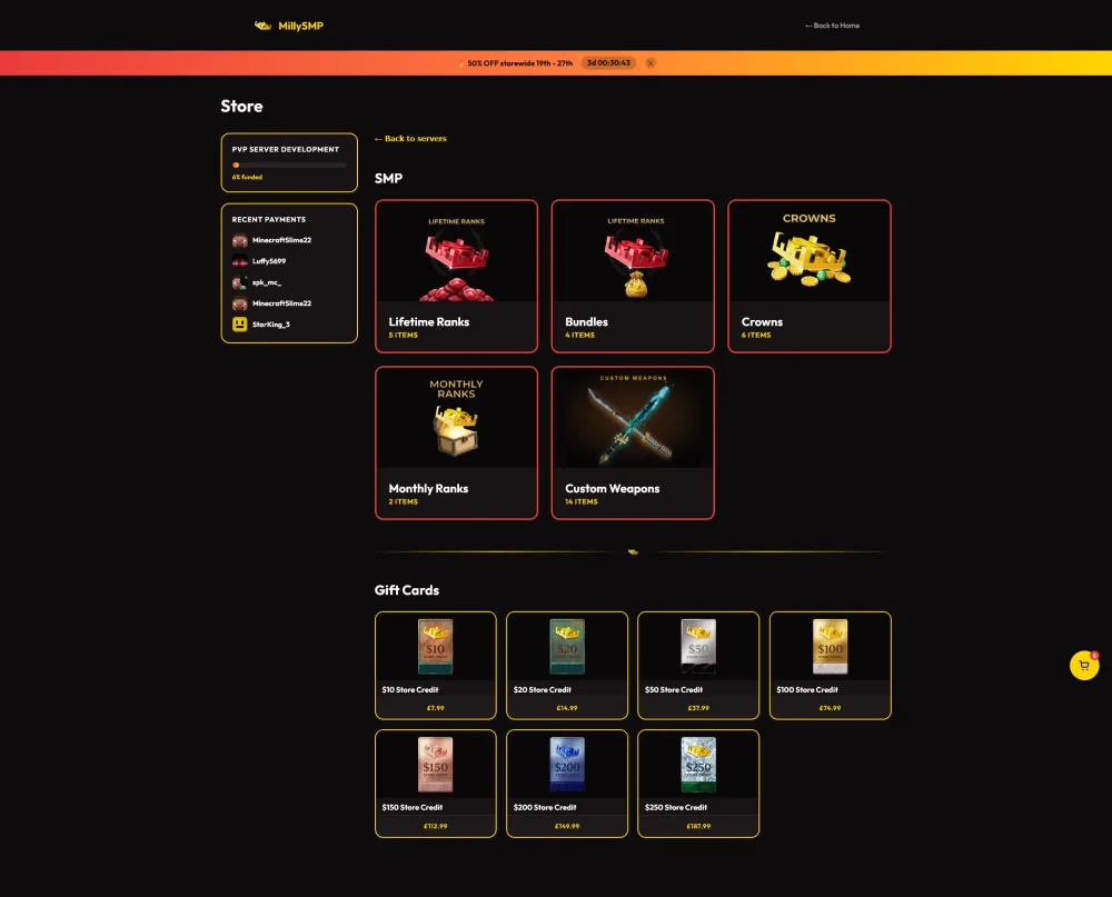 MillySMP store with gift cards and crowdfunding tracker